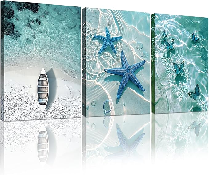 Ocean Wall Art Beach Canvas Print Starfish Shell on Teal Board Paintings Coastal Seascape Picture Blue Butterfly Artwork for Home Kitchen Bathroom Living Room Wall Decor Ready to Hang 16"x24"x3pcs