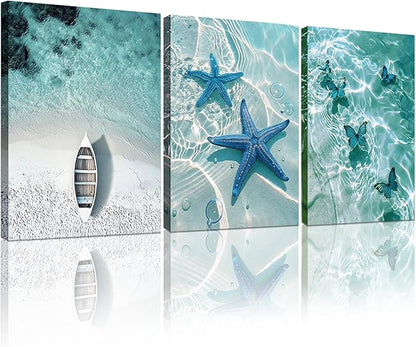 Ocean Wall Art Beach Canvas Print Starfish Shell on Teal Board Paintings Coastal Seascape Picture Blue Butterfly Artwork for Home Kitchen Bathroom Living Room Wall Decor Ready to Hang 16"x24"x3pcs