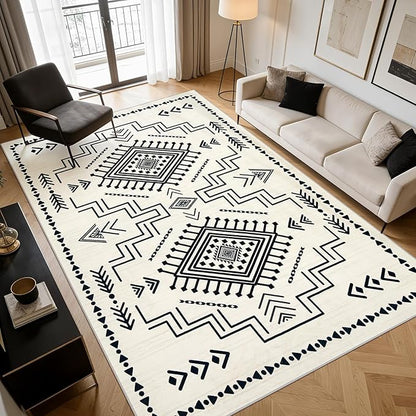 Joydeco 6x9 Moroccan Living Room Rugs, Modern Washable Area Rug for Bedroom, Western Low Pile Non Shedding Distressed Aztec Dining Room, Aztec Soft Non Slip Carpet for Office Home Decor, Ivory