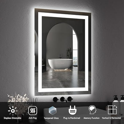 GarveeHome 30 in x 22 in Led Bathroom Mirror with Front and Backlit, Stepless Dimmabl, Anti-Fog, Shatter-Proof, Memory, Wall Mounted Lighted Vanity Mirror(Horizontal/Vertical)
