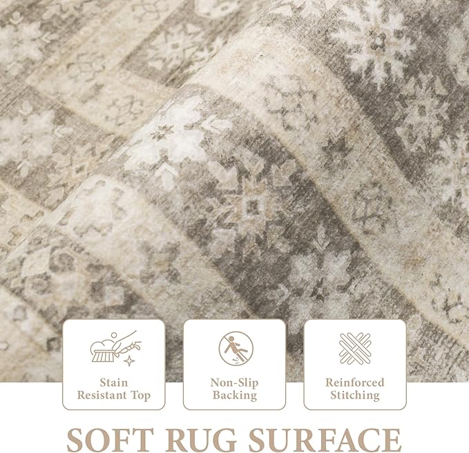 Area Rug Living Room Rugs 8x10 - Large Soft Boho Floral Rug, Non-Slip Foldable Washable Rugs Non Shedding Morden Indoor Floor Carpet for Living Room Bedroom Office Dining Room(FloralBrown, 8'x10')