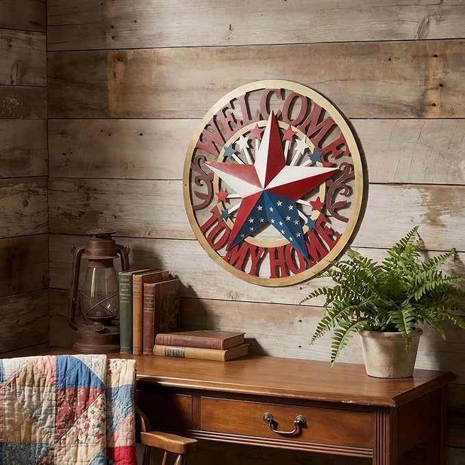 Patriotic Outdoor Decor USA Metal Star Hanging Welcome Home Signs Metal Wall Decor 4th of July Patriotic Front Door Wreaths Hanger,Meta Flag Garden Fence Patio Front Porch Yard Indoor Outdoor 12''H