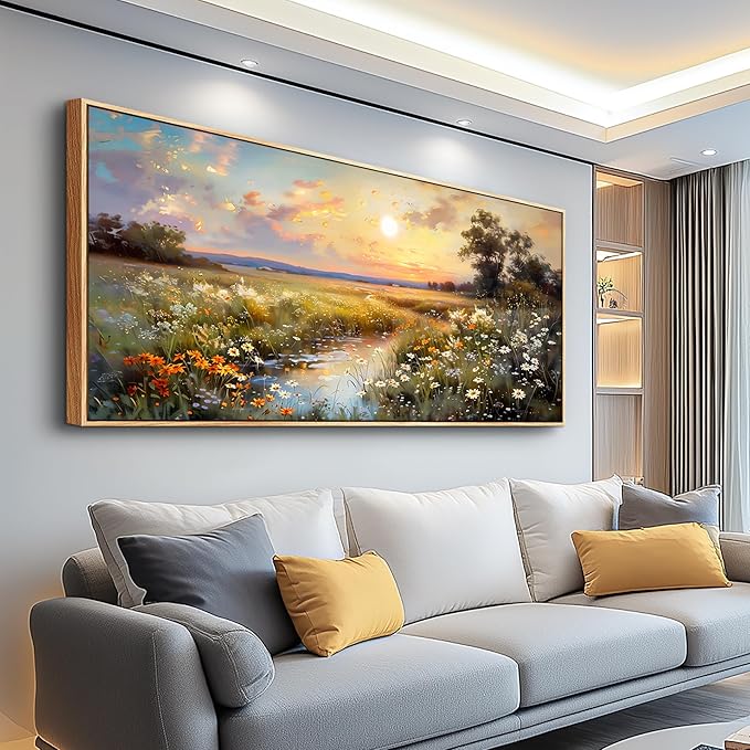 hyidecorart Large Framed Wall Art, Landscape Wall Art, Nature Wall Decor, Wildflowers Scenery Painting Prints, French Country Pictures for Living Room Bedroom Modern Farmhouse Decorations 32x72 In