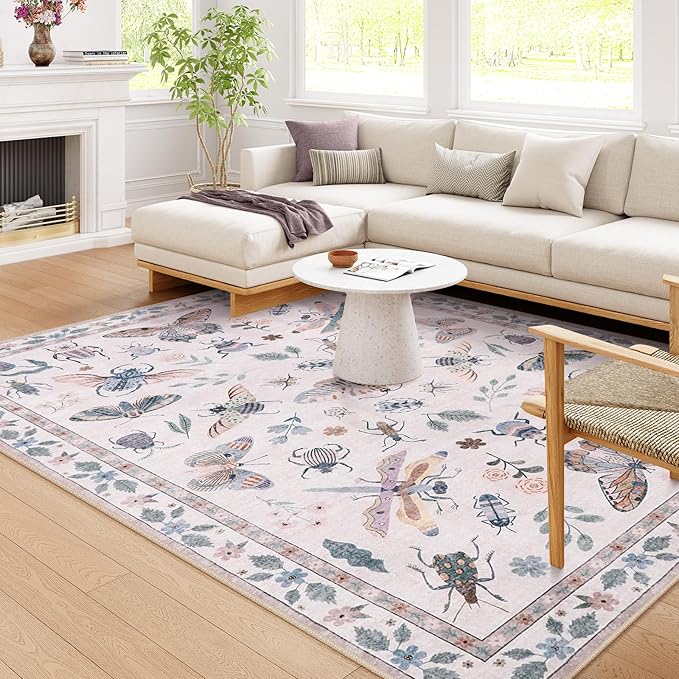 Lahome Insect Print Washable Rugs for Living Room, Soft 6x9 Pink Rug for Bedroom Ultra-Thin Non Slip, Stain Resistant Large Carpet for Dining Room Nursery Classroom Vionnet(6'x9',Pink)