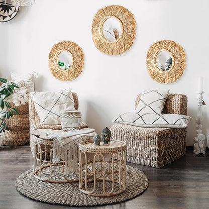 3 Pcs Boho Raffia Mirror Wall Hanging Decor 15.8 Inch 11.8 Inch Rustic Round Boho Circle Mirrors with Wood Bead Farmhouse Aesthetic Nursery Mirrors for Bedroom Living Room Bathroom Wall Decor
