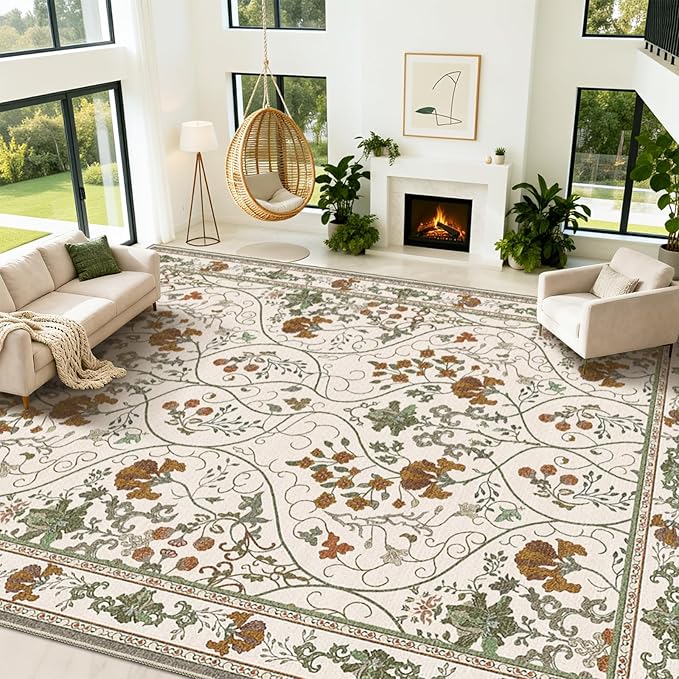 9x12 Floral Washable Living Room Area Rug with Non Slip Backing,Soft Low Pile Stain Resistant Vintage Large Rugs Carpet for Bedroom Dining Room,Beige White
