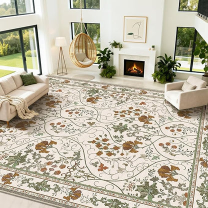 9x12 Floral Washable Living Room Area Rug with Non Slip Backing,Soft Low Pile Stain Resistant Vintage Large Rugs Carpet for Bedroom Dining Room,Beige White