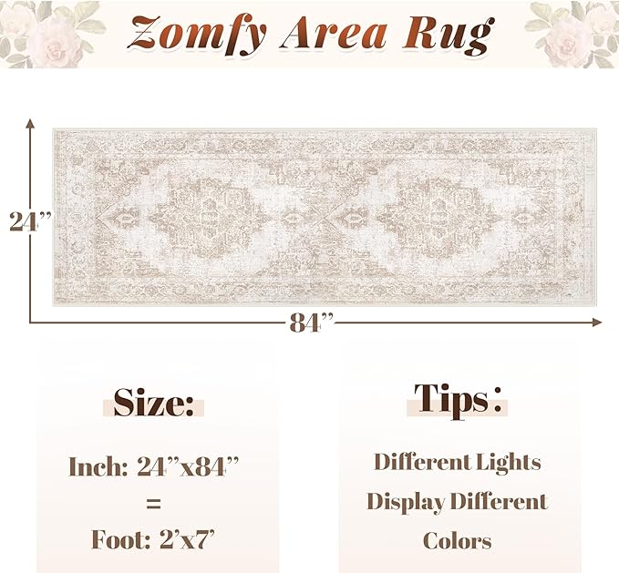 Area Rug 2x7 Runner Rugs: Washable Vintage Hallway Rug Indoor Medallion Rugs Low Pile Distressed Floor Carpet Retro Accent Rug for Kitchen Bedroom Bathroom Dining Room(Beige, 2'x7')