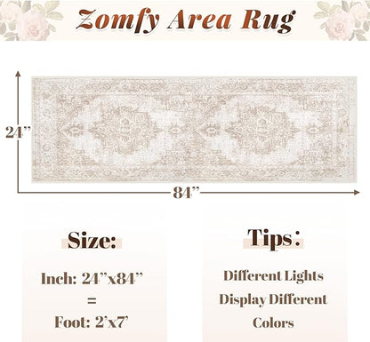 Area Rug 2x7 Runner Rugs: Washable Vintage Hallway Rug Indoor Medallion Rugs Low Pile Distressed Floor Carpet Retro Accent Rug for Kitchen Bedroom Bathroom Dining Room(Beige, 2'x7')