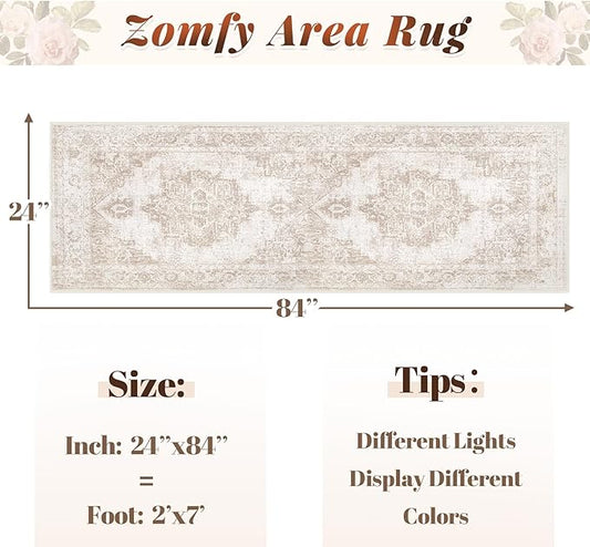 Area Rug 2x7 Runner Rugs: Washable Vintage Hallway Rug Indoor Medallion Rugs Low Pile Distressed Floor Carpet Retro Accent Rug for Kitchen Bedroom Bathroom Dining Room(Beige, 2'x7')