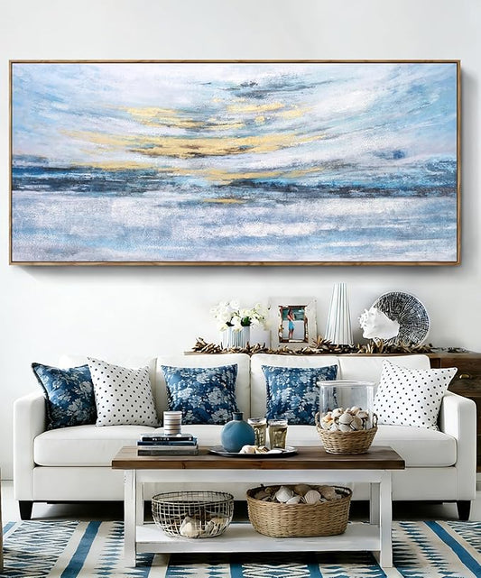 Nicetop 86x39 Extra Large Abstract Ocean Sunset Wall Art, Hand-Applied Gold Foil & Hand-Painted Texture, Serene Coastal Oil Painting, Natural Wood Frame, Modern Decor for Living Room Bedroom Office