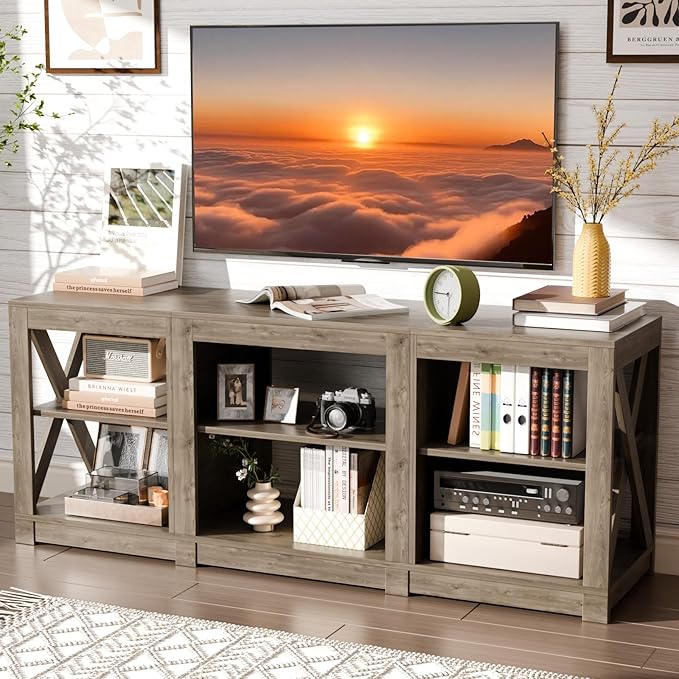 VINGLI TV Stand for 70 Inch TV, Farmhouse Entertainment Center with Storage, Mid Century Modern Media TV Console Table for Living Room Bedroom, Gray Oak