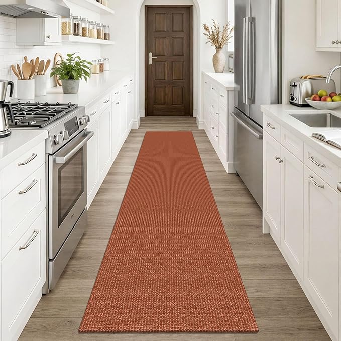KOZYFLY Orange Runners Rugs for Hallway 2x10, Washable Runner Rug, Woven Non Slip Kitchen Runner, Braided Entryway Rug, Floor Carpet for Entry, Aisle, Hall, Burnt Orange/Tan