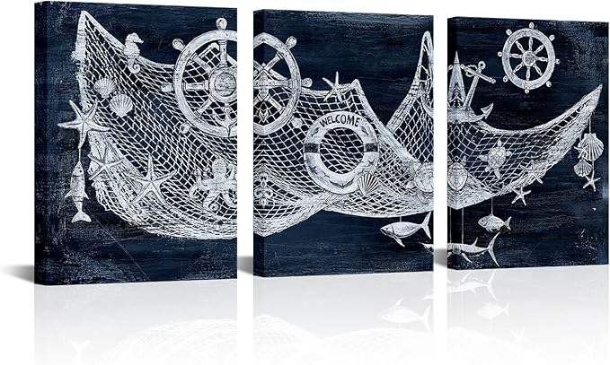 sechars Nautical Wall Art Decor Fishing Net with Seashells Ship Wheel Painting Pictures Navy Blue Bathroom Bedroom Lake House Decoration (Small)