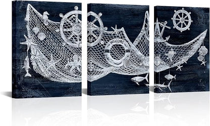 sechars Nautical Wall Art Decor Fishing Net with Seashells Ship Wheel Painting Pictures Navy Blue Bathroom Bedroom Lake House Decoration (Small)