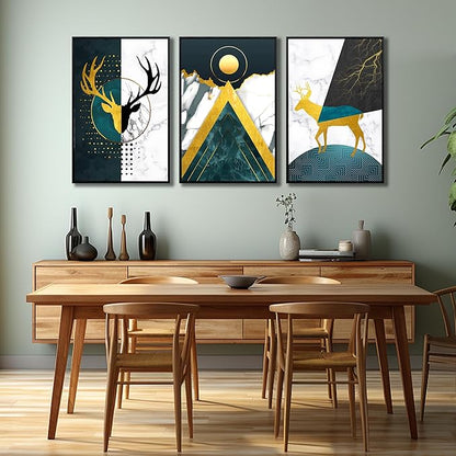 Boho Canvas Wall Art Set of 3 with Black Frame, Abstract Minimalismt Bohemian Deer & Geometric Pictures Prints Artwork Paintings Wall Decor for Bedroom Living Room Home Decoration 24x36 inches
