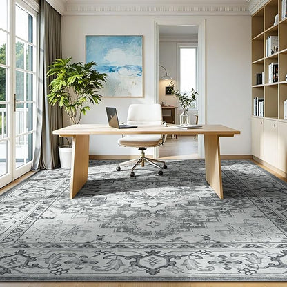 Lessymo 7 x 10 Area Rugs for Living Room- Machine Washable Area Rugs Boho Faux Wool Low Pile Area Rug for Bedroom, Floral Medallion Vintage Rugs with Non-Slip Rubber, Kid & Pet Friendly, Grey White