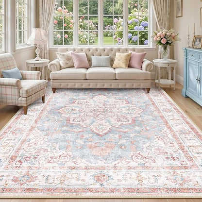 CAPALOCA Machine Washable Rugs Nursery Rug 9x12 Cute Girl Non Slip Low Pile Water Repellent Soft Print Pattern for Bedroom Indoor Decor Kids Playroom Pink Blue