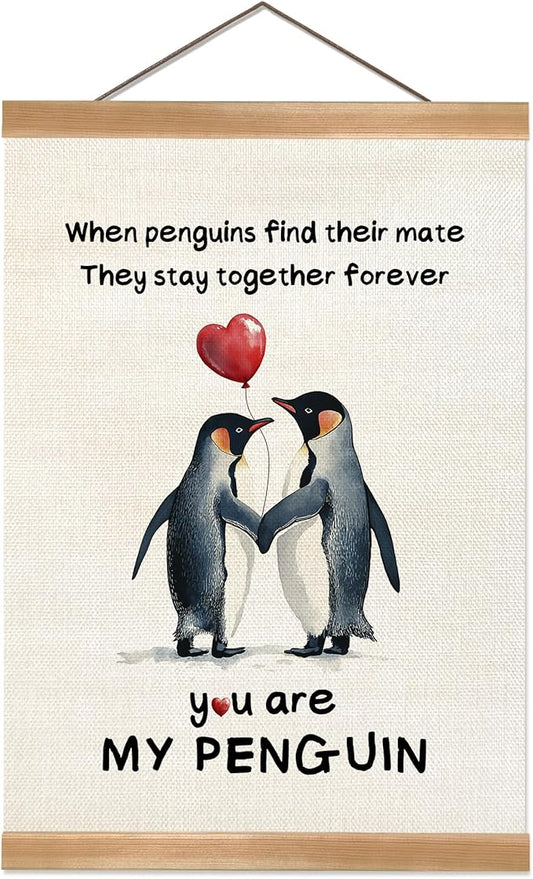 Penguin Love Canvas Wall Art, Romantic Couple Poster with Wooden Frame, Hanging Home Decor,Cute Penguins Poster Gifts for Wife,Husband,Boyfriend and Girlfriend,or Valentine's Day Gift 12x16inches