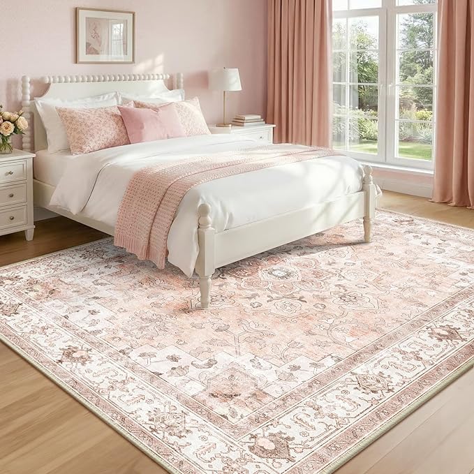 CAPALOCA Machine Washable Rugs Nursery Rug 8x10 Cute Girl Non Slip Low Pile Water Repellent Soft Print Pattern for Bedroom Indoor Decor Kids Playroom Pink