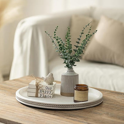 Hanobe Large Round Decorative Tray: 17" White Coffee Table Decor Wood Centerpiece Beaded Trays Farmhouse Boho Ottoman for Home Counter Living Room