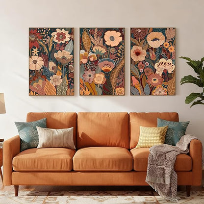 SAFERRYHOME Large Burnt Orange Floral Wall Art, 3 Pieces Boho Mid Century Modern Wildflower Framed Canvas Wall Decor, Vintage Botanical Neutral Plant Artwork Print for Living Room Bedroom Office, 24"x36"
