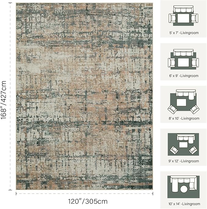 Rugxara 10x14 Extra Large Washable Area Rug, Soft Abstract Vintage Rug for Living Room, Bedroom, Office, Farmhouse, Low Pile Imitation Wool Non Slip Carpet Ideal for High-Traffic Areas, Moss