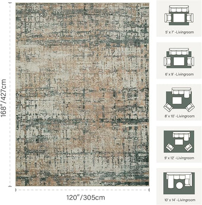 Rugxara 10x14 Extra Large Washable Area Rug, Soft Abstract Vintage Rug for Living Room, Bedroom, Office, Farmhouse, Low Pile Imitation Wool Non Slip Carpet Ideal for High-Traffic Areas, Moss