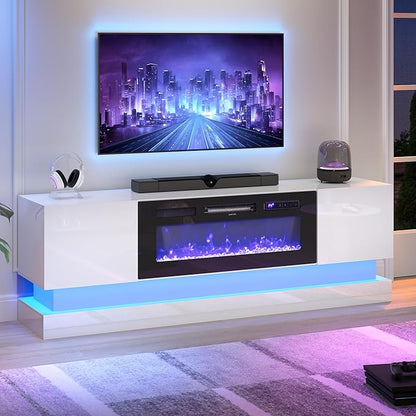 WelFurGeer 36" Electric Fireplace TV Stands with LED Lights, High-Gloss Modern Media Console Table for TV up to 75", White Fireplace TV Stand with Storage, Entertainment Center for Living Room