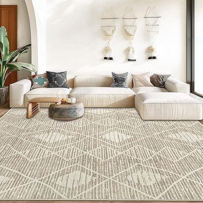 Area Rug for Living Room 9x12: Large Washable Boho Moroccan Rugs Geometric Neutral Rug, Non-Slip Foldable Morden Farmhouse Indoor Floor Carpet for Bedroom Dining Table Home(Cream Beige, 9'X12')