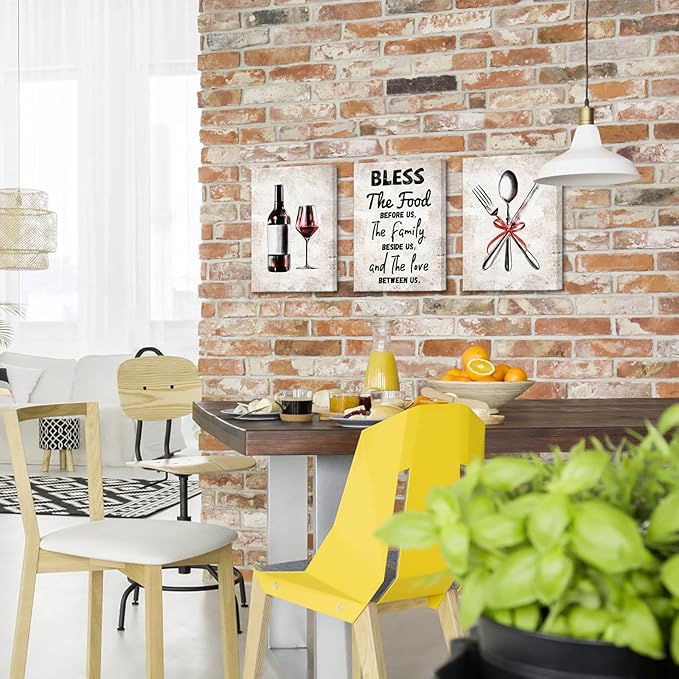KREATIVE ARTS 3 Pieces Kitchen Canvas Wall Art Bless the Food Wooden Framed Canvas Quotes Pictures Vintage Knives and Forks Red Wine Glasses Giclee Prints for Dining Room