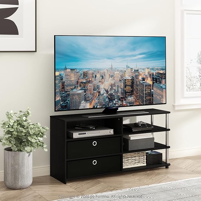 Furinno Jaya Simple Design Stand for TV up to 55-Inch with Bins, Americano/Chrome/Black