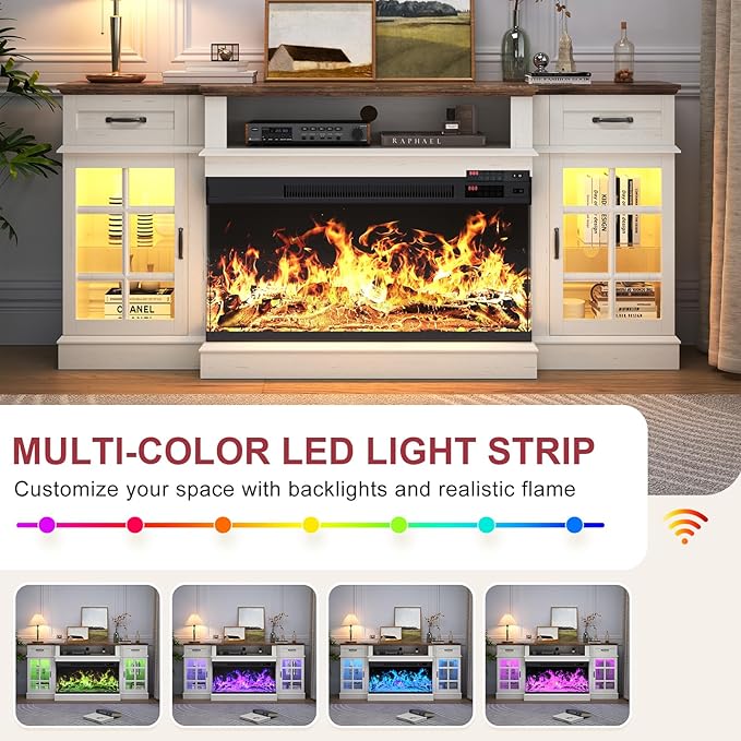 70" TV Stand with 36" Electric Fireplace, Entertainment Center Console Table for TV up to 80'', Fireplace TV Stand with Open Storage Shelves and Glass Door for Living Room, White
