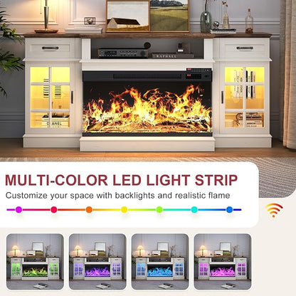 70" TV Stand with 36" Electric Fireplace, Entertainment Center Console Table for TV up to 80'', Fireplace TV Stand with Open Storage Shelves and Glass Door for Living Room, White