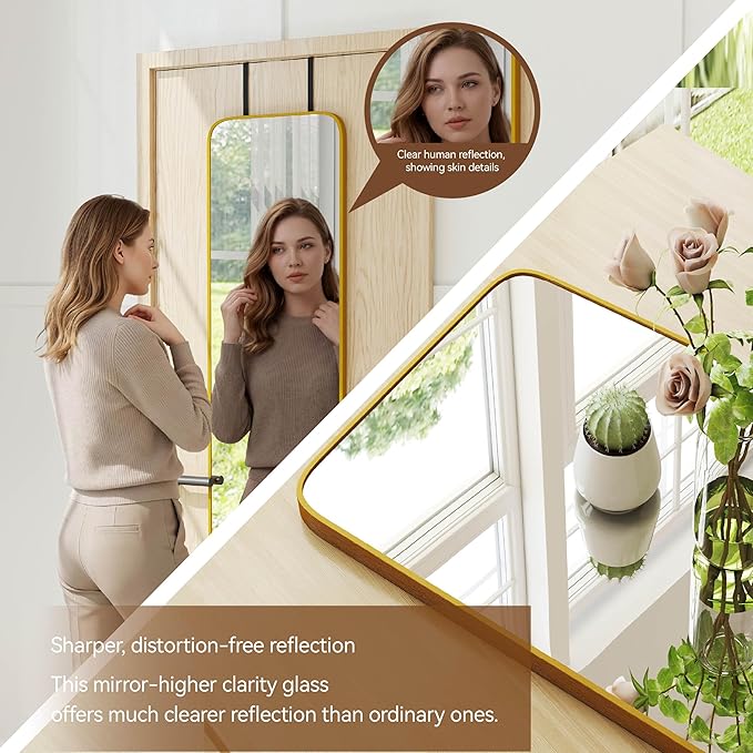NARCISSUS 57x16 Mirror Door Hanging Full Length Body with Floor Stand or Wall Mounted Metal Aluminum Frame Tempered Glass Rectangle Mirrors for Bedroom Dressing Living Room Bathroom 57 inch Gold