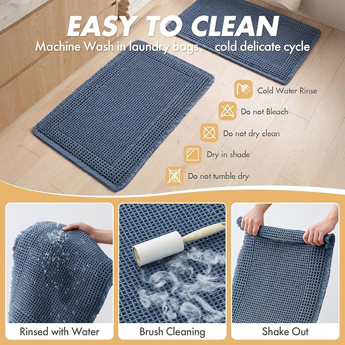 MIULEE Set of 2 Waffle Bathroom Rugs, Boho Bath Rug Super Absorbent, Non Slip Washable Ultra Soft Rubber Backed Shower Bath Mats for Floor, Tub, Shower, Bordered Design, Blue, 17"x24"+18"x30"