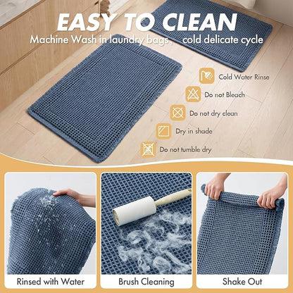 MIULEE Set of 2 Waffle Bathroom Rugs, Boho Bath Rug Super Absorbent, Non Slip Washable Ultra Soft Rubber Backed Shower Bath Mats for Floor, Tub, Shower, Bordered Design, Blue, 17"x24"+18"x30"