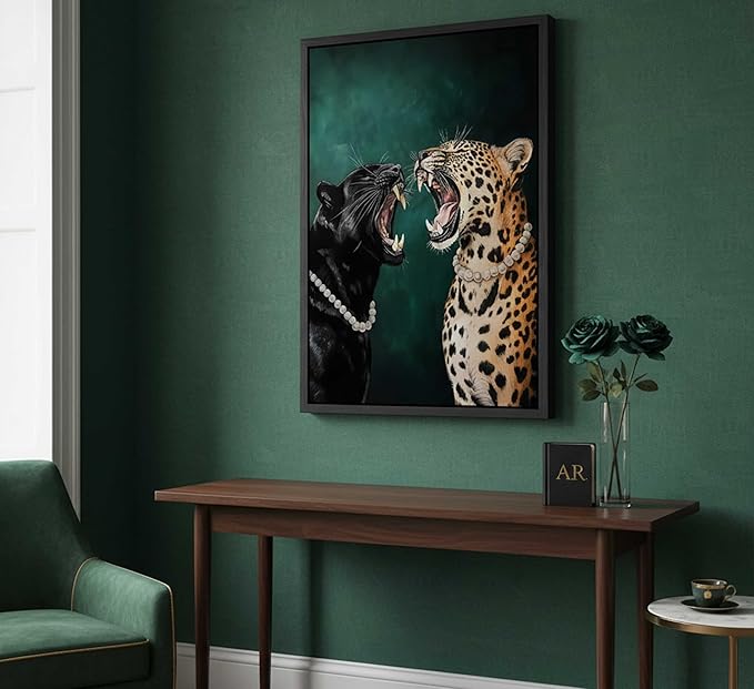 Framed Cheetah Canvas Wall Art Emerald Green Vintage Leopard Painting Picture Wall Decor Wild Animals Poster Print Artwork for Bedroom Living Room Apartment Home Decoration