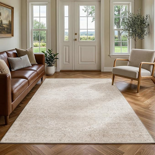 FMFUNCTEX 3x4 Washable Area Rug Beige Vintage Neutral Distressed Non Slip Low Pile Floral Retro Indoor Carpet for Entryway Entrance Thin Soft Rug Living Room Bedroom Kitchen Office Desk Laundry