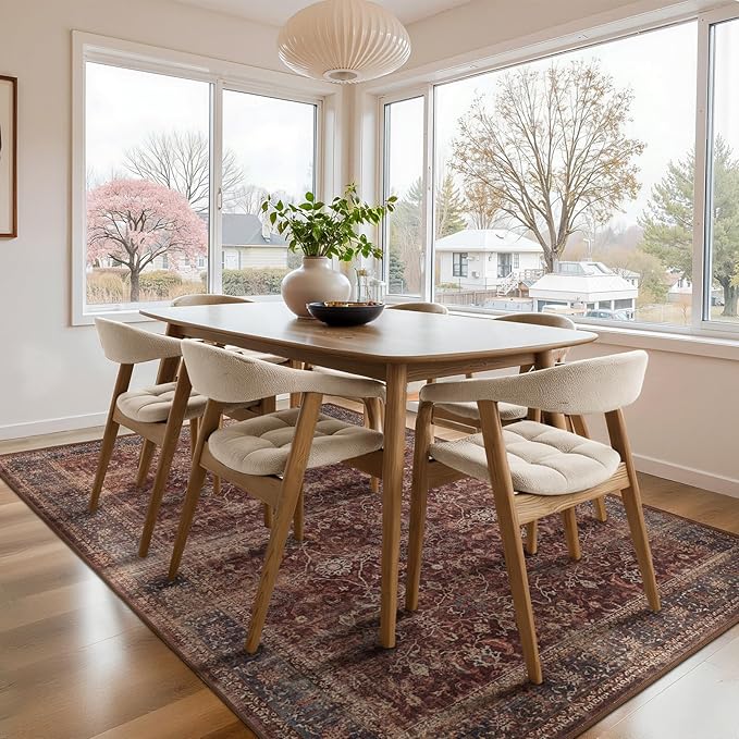 Moody Brick Area Rugs 5x7, Distressed Oriental Living Room Rug Washable, Non Slip Low Pile Thin Carpet Rugs for Bedroom/Dining Room/Home Office/Kitchen, Vintage Brick Red Stain-Resistant
