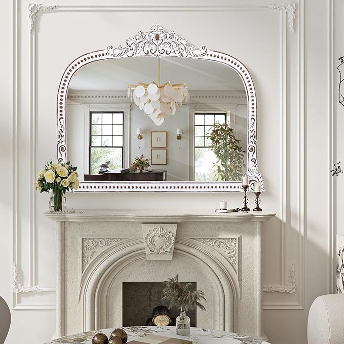 HOITUZYUS French Vintage Statement Wooden Mirror: 32x42 Inch Baroque Arched Mirror, Ornate Decorative Wall Mirrors for Fireplace Mantel, Living Room, Entryway, Bedroom
