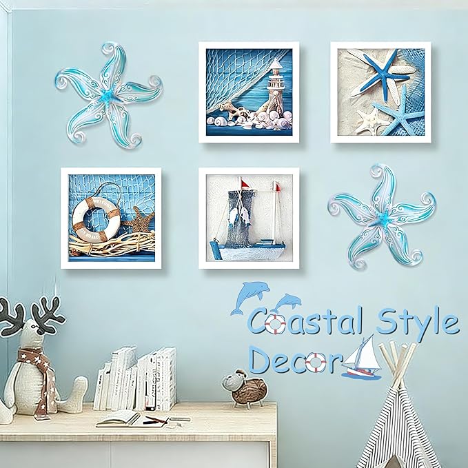 POXOHO Starfish Outdoor Wall Decor for Garden Fence Patio, 12" Hanging Metal & Glass Sculpture, Coastal Beach Ocean Gift for Women Men(Sky Blue)