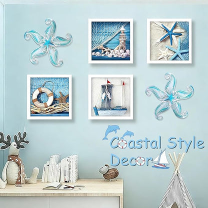 POXOHO Starfish Outdoor Wall Decor for Garden Fence Patio, 12" Hanging Metal & Glass Sculpture, Coastal Beach Ocean Gift for Women Men(Sky Blue)