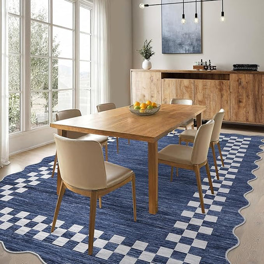GarveeHome 4x6 Area Rug Small Washable Living Room Rug Scalloped Rug with Rubber Backing Stain Resistant Low Pile Dining Room Throw Carpet Modern Bordered Mat for Bedroom Kitchen, Blue