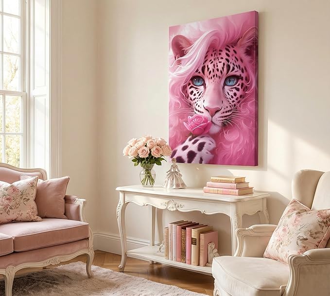 Whimsical Pink Mother Leopard Canvas Wall Art Fashionable and Beautiful Female Leopard Holding Roses Wall Decor Picture Attractive Blue Eyes Postre Print for Girls Room Preppy Dorm Artwork Decoration