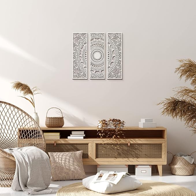 Blulu 3pcs Mandala Wall Art Carved Wood Wall Art Floral Aesthetic Wooden Plaque Set Wood Carving Decor Farmhouse Modern Cutout Plaque for Home Bathroom Decoration(15.8 x 5.1 Inch,White)