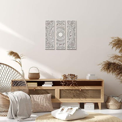 Blulu 3pcs Mandala Wall Art Carved Wood Wall Art Floral Aesthetic Wooden Plaque Set Wood Carving Decor Farmhouse Modern Cutout Plaque for Home Bathroom Decoration(15.8 x 5.1 Inch,White)