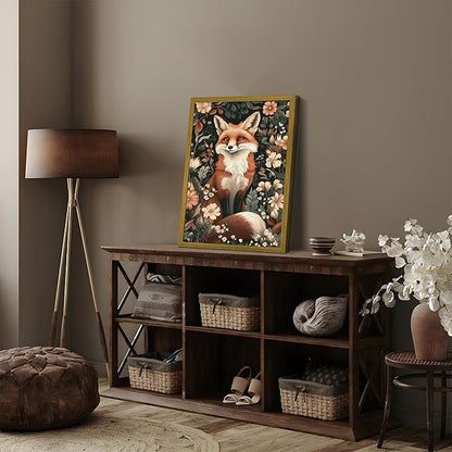 Framed 3D Textured Vintage Wall Art, Hand Drawn Sandstone Fox Wall Decor Paintings, Whimsical Forest Animal Floral Botanical Aesthetic Picture, Cottage Core Home Nursery Decor 12x16 inch