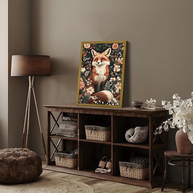 Framed 3D Textured Vintage Wall Art, Hand Drawn Sandstone Fox Wall Decor Paintings, Whimsical Forest Animal Floral Botanical Aesthetic Picture, Cottage Core Home Nursery Decor 16X24 inch