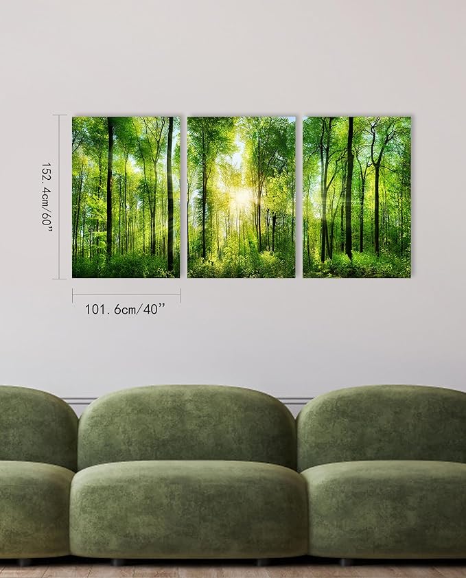 Green Forest Canvas Wall Art: Large Nature Wall Art Tree Pictures Sunrise Landsapce Art Framed Scenery Wall Mural Painting Wall Decor for Bedroom Living Room Office(3 Panel,16 x 24 Inch)
